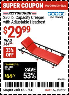 Harbor Freight Coupon HEAVY DUTY CREEPER WITH ADJUSTABLE HEADREST Lot No. 63311/56383/46087 Expired: 10/12/23 - $29.99