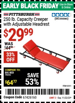 Harbor Freight Coupon HEAVY DUTY CREEPER WITH ADJUSTABLE HEADREST Lot No. 63311/56383/46087 Expired: 11/22/23 - $29.99