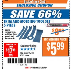 Harbor Freight ITC Coupon 5 PIECE AUTO TRIM AND MOLDING TOOL SET Lot No. 67021/95432 Expired: 5/29/18 - $5.99