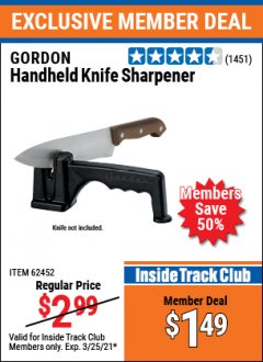 Harbor Freight ITC Coupon HANDHELD KNIFE SHARPENER Lot No. 60361/62452 Expired: 3/25/21 - $1.49