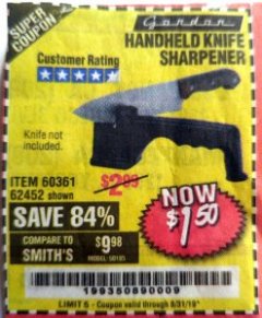 Harbor Freight Coupon HANDHELD KNIFE SHARPENER Lot No. 60361/62452 Expired: 8/31/19 - $1.5