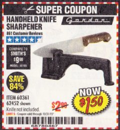 Harbor Freight Coupon HANDHELD KNIFE SHARPENER Lot No. 60361/62452 Expired: 10/31/19 - $1.5