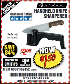 Harbor Freight Coupon HANDHELD KNIFE SHARPENER Lot No. 60361/62452 Expired: 11/2/19 - $1.5