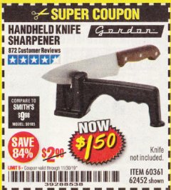 Harbor Freight Coupon HANDHELD KNIFE SHARPENER Lot No. 60361/62452 Expired: 11/30/19 - $1.5