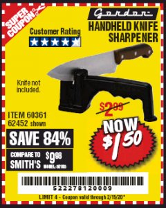 Harbor Freight Coupon HANDHELD KNIFE SHARPENER Lot No. 60361/62452 Expired: 2/15/20 - $1.5