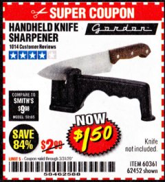 Harbor Freight Coupon HANDHELD KNIFE SHARPENER Lot No. 60361/62452 Expired: 3/31/20 - $1.5