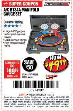 Harbor Freight Coupon A/C R134A MANIFOLD GAUGE SET Lot No. 60806/62707/92649 Expired: 7/31/18 - $49.99