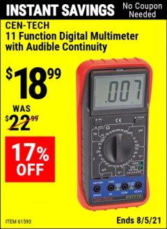 Harbor Freight Coupon 11 FUNCTION DIGITAL MULTIMETER WITH AUDIBLE CONTINUITY Lot No. 61593/37772 Expired: 8/5/21 - $18.99