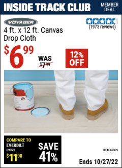 Harbor Freight ITC Coupon 4 FT. x 12 FT. CANVAS DROP CLOTH Lot No. 69309/38108 Expired: 10/27/22 - $6.99