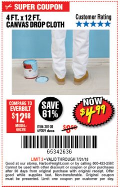Harbor Freight Coupon 4 FT. x 12 FT. CANVAS DROP CLOTH Lot No. 69309/38108 Expired: 7/31/18 - $4.99