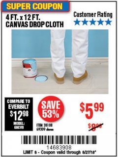 Harbor Freight Coupon 4 FT. x 12 FT. CANVAS DROP CLOTH Lot No. 69309/38108 Expired: 8/27/18 - $5.99