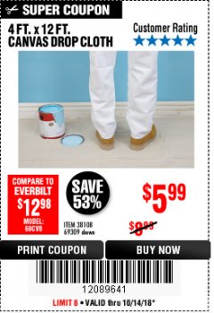 Harbor Freight Coupon 4 FT. x 12 FT. CANVAS DROP CLOTH Lot No. 69309/38108 Expired: 10/14/18 - $5.99