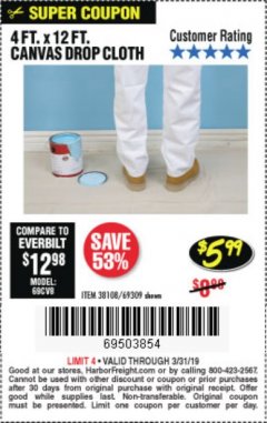 Harbor Freight Coupon 4 FT. x 12 FT. CANVAS DROP CLOTH Lot No. 69309/38108 Expired: 3/31/19 - $5.99