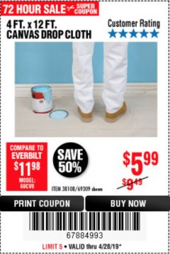 Harbor Freight Coupon 4 FT. x 12 FT. CANVAS DROP CLOTH Lot No. 69309/38108 Expired: 4/28/19 - $5.99