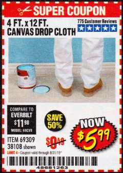 Harbor Freight Coupon 4 FT. x 12 FT. CANVAS DROP CLOTH Lot No. 69309/38108 Expired: 8/31/19 - $5.99