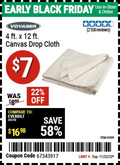 Harbor Freight Coupon 4 FT. x 12 FT. CANVAS DROP CLOTH Lot No. 69309/38108 Expired: 11/22/23 - $7