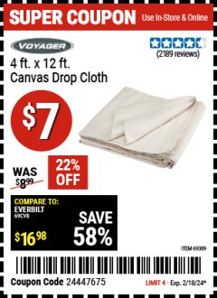 Harbor Freight Coupon 4 FT. x 12 FT. CANVAS DROP CLOTH Lot No. 69309/38108 Expired: 2/18/24 - $7