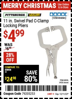 Harbor Freight Coupon 11" SWIVEL PAD LOCKING PLIERS Lot No. 60820/39535 Expired: 12/11/21 - $4.99