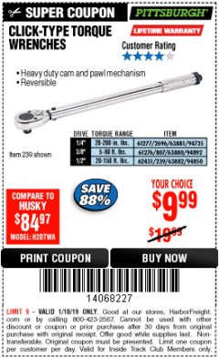 Harbor Freight ITC Coupon TORQUE WRENCHES Lot No. 2696/61277/807/61276/239/62431 Expired: 1/10/19 - $9.99