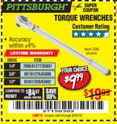 Harbor Freight Coupon TORQUE WRENCHES Lot No. 2696/61277/807/61276/239/62431 Expired: 8/20/18 - $9.99
