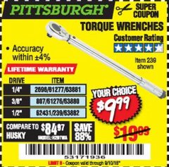 Harbor Freight Coupon TORQUE WRENCHES Lot No. 2696/61277/807/61276/239/62431 Expired: 9/10/18 - $9.99