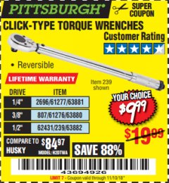 Harbor Freight Coupon TORQUE WRENCHES Lot No. 2696/61277/807/61276/239/62431 Expired: 11/10/18 - $9.99