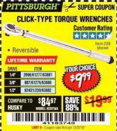 Harbor Freight Coupon TORQUE WRENCHES Lot No. 2696/61277/807/61276/239/62431 Expired: 12/20/18 - $9.99