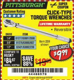 Harbor Freight Coupon TORQUE WRENCHES Lot No. 2696/61277/807/61276/239/62431 Expired: 6/15/19 - $9.99
