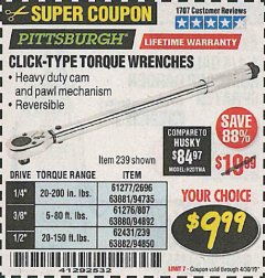 Harbor Freight Coupon TORQUE WRENCHES Lot No. 2696/61277/807/61276/239/62431 Expired: 4/30/19 - $9.99
