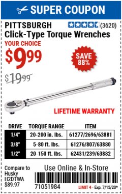 Harbor Freight Coupon TORQUE WRENCHES Lot No. 2696/61277/807/61276/239/62431 Expired: 7/15/20 - $9.99