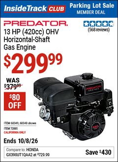 Harbor Freight ITC Coupon PREDATOR 13 HP (420CC) OHV HORIZONTAL-SHAFT GAS ENGINE Lot No. 60340/60349/72885 Expired: 10/8/26 - $299.99