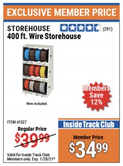 Harbor Freight ITC Coupon 400 FT. WIRE AND WIRE STORAGE Lot No. 61527/62273/60360 Expired: 1/28/21 - $34.99