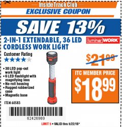 Harbor Freight ITC Coupon 2-IN-1 EXTENDABLE, 36 LED CORDLESS WORK LIGHT Lot No. 60583 Expired: 5/22/18 - $18.99
