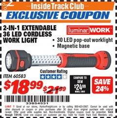 Harbor Freight ITC Coupon 2-IN-1 EXTENDABLE, 36 LED CORDLESS WORK LIGHT Lot No. 60583 Expired: 7/31/18 - $18.99