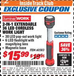 Harbor Freight ITC Coupon 2-IN-1 EXTENDABLE, 36 LED CORDLESS WORK LIGHT Lot No. 60583 Expired: 11/30/18 - $15.99