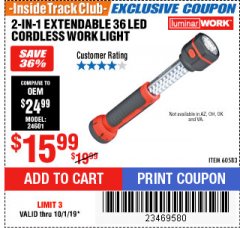 Harbor Freight ITC Coupon 2-IN-1 EXTENDABLE, 36 LED CORDLESS WORK LIGHT Lot No. 60583 Expired: 10/1/19 - $15.99