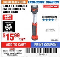 Harbor Freight ITC Coupon 2-IN-1 EXTENDABLE, 36 LED CORDLESS WORK LIGHT Lot No. 60583 Expired: 11/5/19 - $15.99