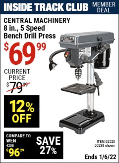 Harbor Freight ITC Coupon 8", 5 SPEED BENCH MOUNT DRILL PRESS Lot No. 60238/62390/62520/44506/38119 Expired: 1/6/22 - $69.99