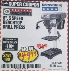 Harbor Freight Coupon 8", 5 SPEED BENCH MOUNT DRILL PRESS Lot No. 60238/62390/62520/44506/38119 Expired: 10/31/18 - $49.99