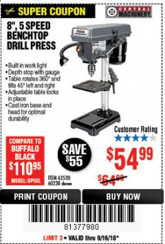 Harbor Freight Coupon 8", 5 SPEED BENCH MOUNT DRILL PRESS Lot No. 60238/62390/62520/44506/38119 Expired: 9/16/18 - $54.99