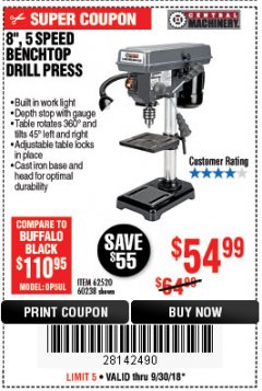 Harbor Freight Coupon 8", 5 SPEED BENCH MOUNT DRILL PRESS Lot No. 60238/62390/62520/44506/38119 Expired: 9/30/18 - $54.99