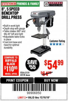 Harbor Freight Coupon 8", 5 SPEED BENCH MOUNT DRILL PRESS Lot No. 60238/62390/62520/44506/38119 Expired: 12/16/18 - $54.99