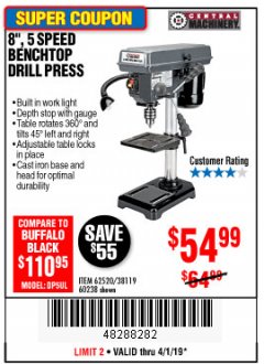 Harbor Freight Coupon 8", 5 SPEED BENCH MOUNT DRILL PRESS Lot No. 60238/62390/62520/44506/38119 Expired: 4/1/19 - $54.99