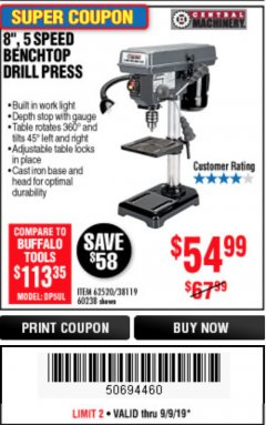 Harbor Freight Coupon 8", 5 SPEED BENCH MOUNT DRILL PRESS Lot No. 60238/62390/62520/44506/38119 Expired: 9/9/19 - $54.99