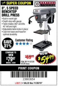Harbor Freight Coupon 8", 5 SPEED BENCH MOUNT DRILL PRESS Lot No. 60238/62390/62520/44506/38119 Expired: 11/30/19 - $0