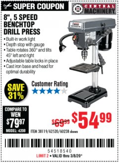 Harbor Freight Coupon 8", 5 SPEED BENCH MOUNT DRILL PRESS Lot No. 60238/62390/62520/44506/38119 Expired: 3/8/20 - $54.99