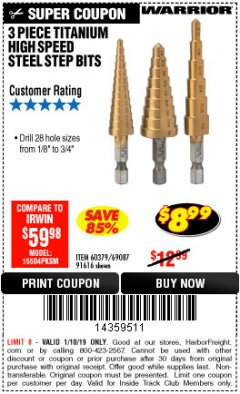 Harbor Freight ITC Coupon 3 PIECE TITANIUM NITRIDE COATED HIGH SPEED STEEL STEP DRILLS Lot No. 91616/69087/60379 Expired: 1/10/19 - $8.99
