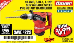 Harbor Freight Coupon 1-1/8 IN. 10 AMP HEAVY DUTY SDS VARIABLE SPEED ROTARY HAMMER Lot No. 61882/69274 Expired: 9/8/18 - $69.99