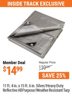 Harbor Freight ITC Coupon 11 FT. 4 IN. x 15 FT. 6 IN. SILVER/HEAVY DUTY REFLECTIVE ALL PURPOSE/WEATHER RESISTANT TARP Lot No. 67703/69203/60451 Expired: 5/31/21 - $14.99