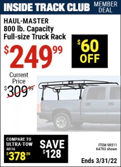 Harbor Freight ITC Coupon 800 LB. CAPACITY FULL SIZE TRUCK RACK Lot No. 61407/98511 Expired: 3/31/22 - $249.99